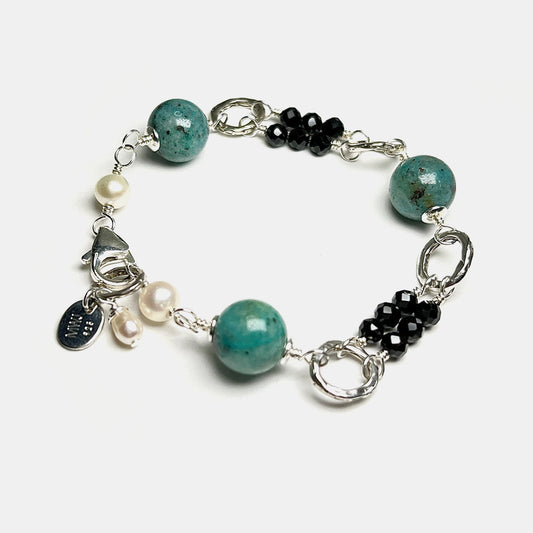 Black Spinel Double Row Bracelet With Chrysocolla, Sterling