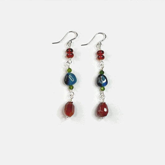 Hessonite, Chrome Diopside, Aquamarine and Botswana Agate Dangle Earrings, Sterling