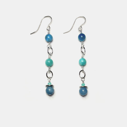 Neon Apatite, Amazonite and Devil Aquamarine Triple Drop Dangle, Sterling