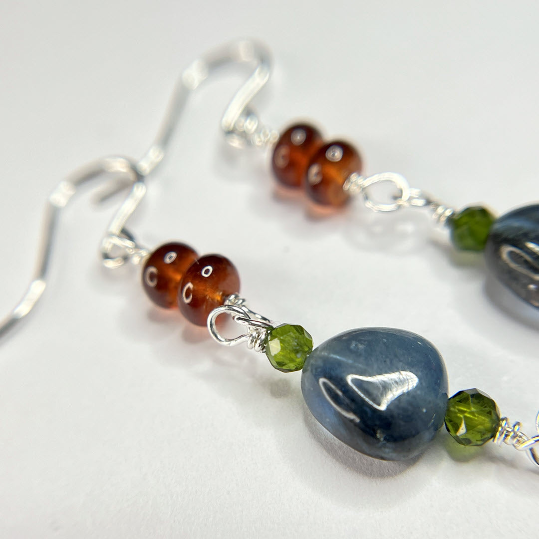 Hessonite, Chrome Diopside, Aquamarine and Botswana Agate Dangle Earrings, Sterling