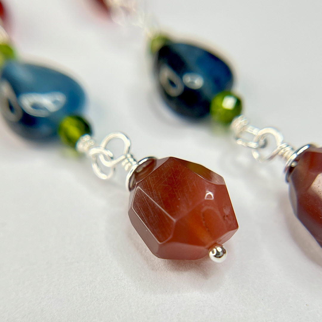 Hessonite, Chrome Diopside, Aquamarine and Botswana Agate Dangle Earrings, Sterling