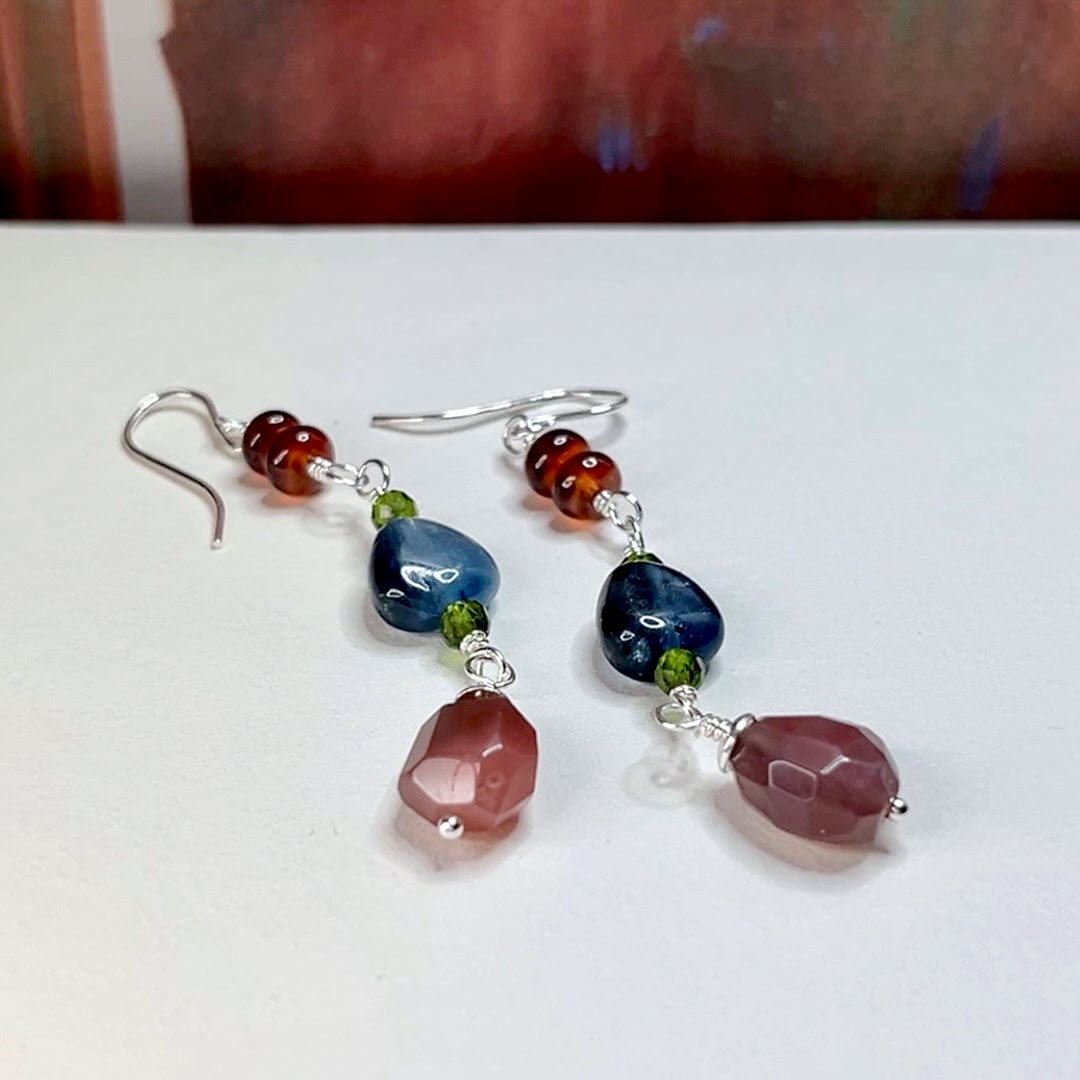 Hessonite, Chrome Diopside, Aquamarine and Botswana Agate Dangle Earrings, Sterling