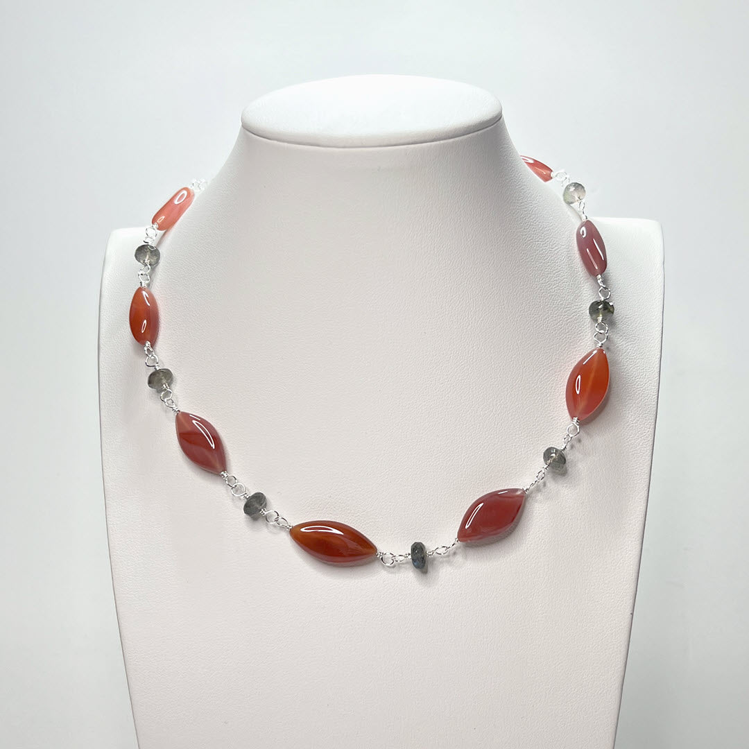 Labradorite and Botswana Agate Marquise Necklace, Sterling