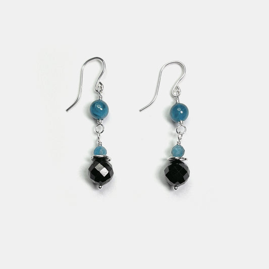 Neon Apatite and Black Tourmaline Double Drop Dangle, Sterling