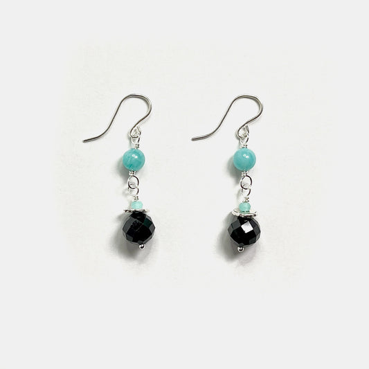 Amazonite and Black Tourmaline Double Drop Dangle, Sterling
