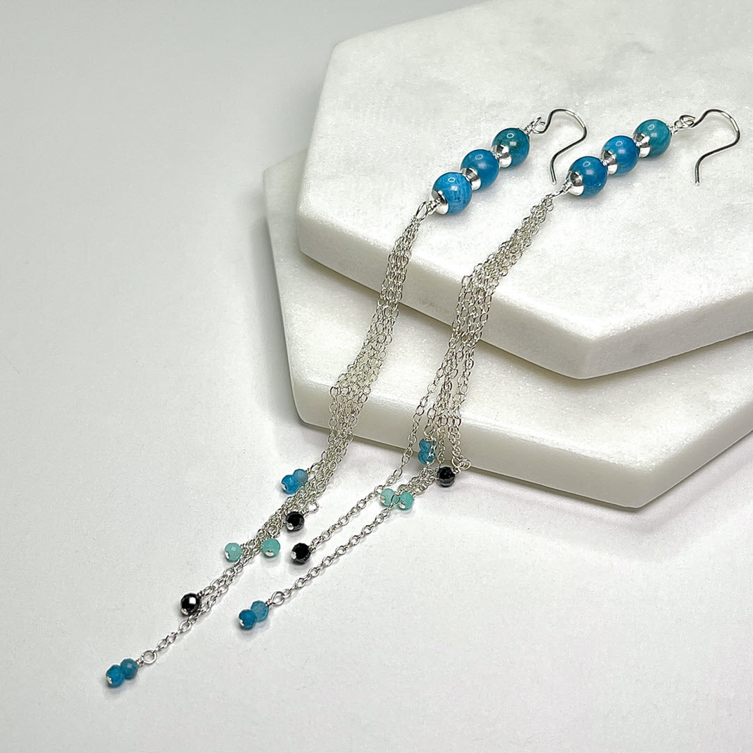 Neon Apatite Long Tassel Party Dangles, Sterling