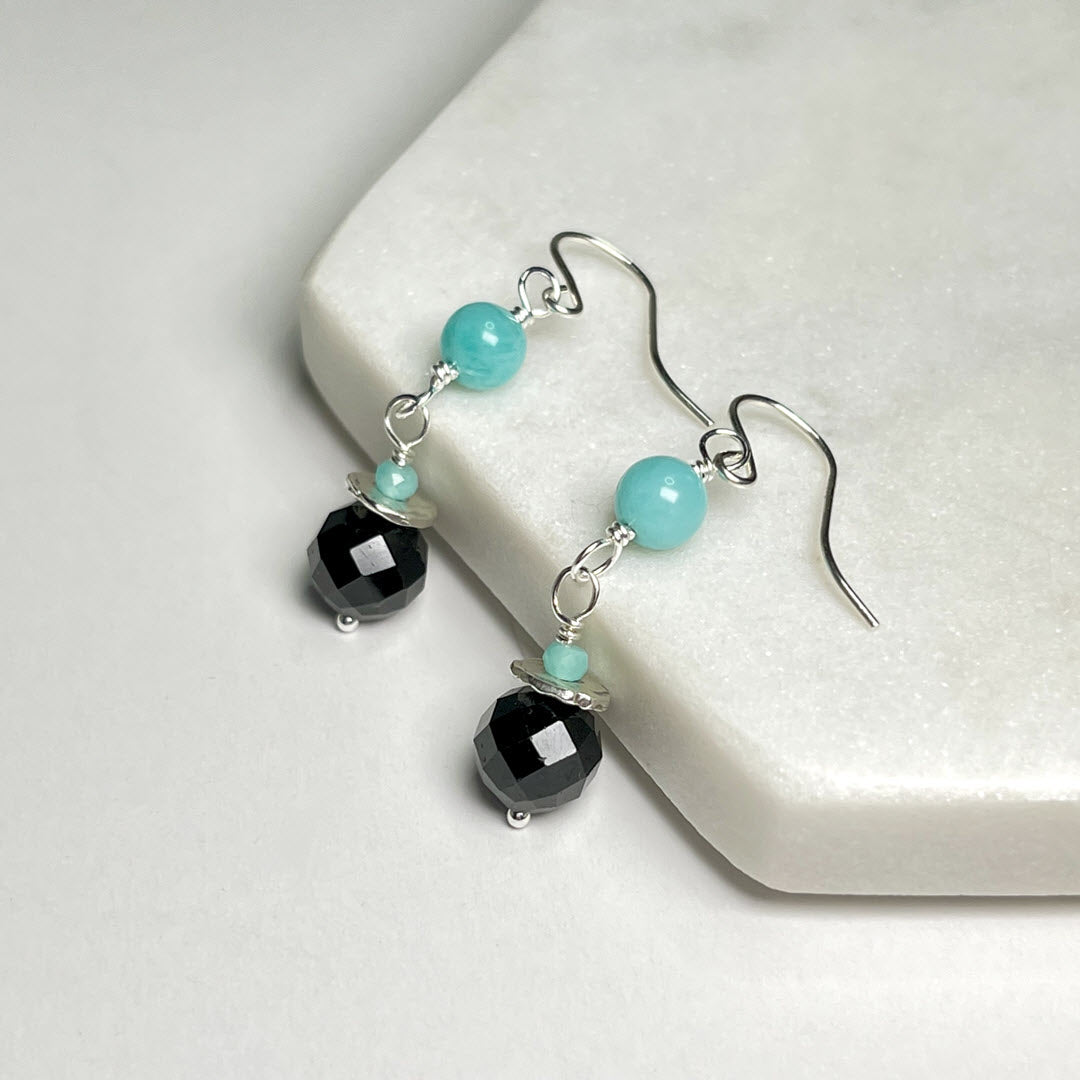 Amazonite and Black Tourmaline Double Drop Dangle, Sterling