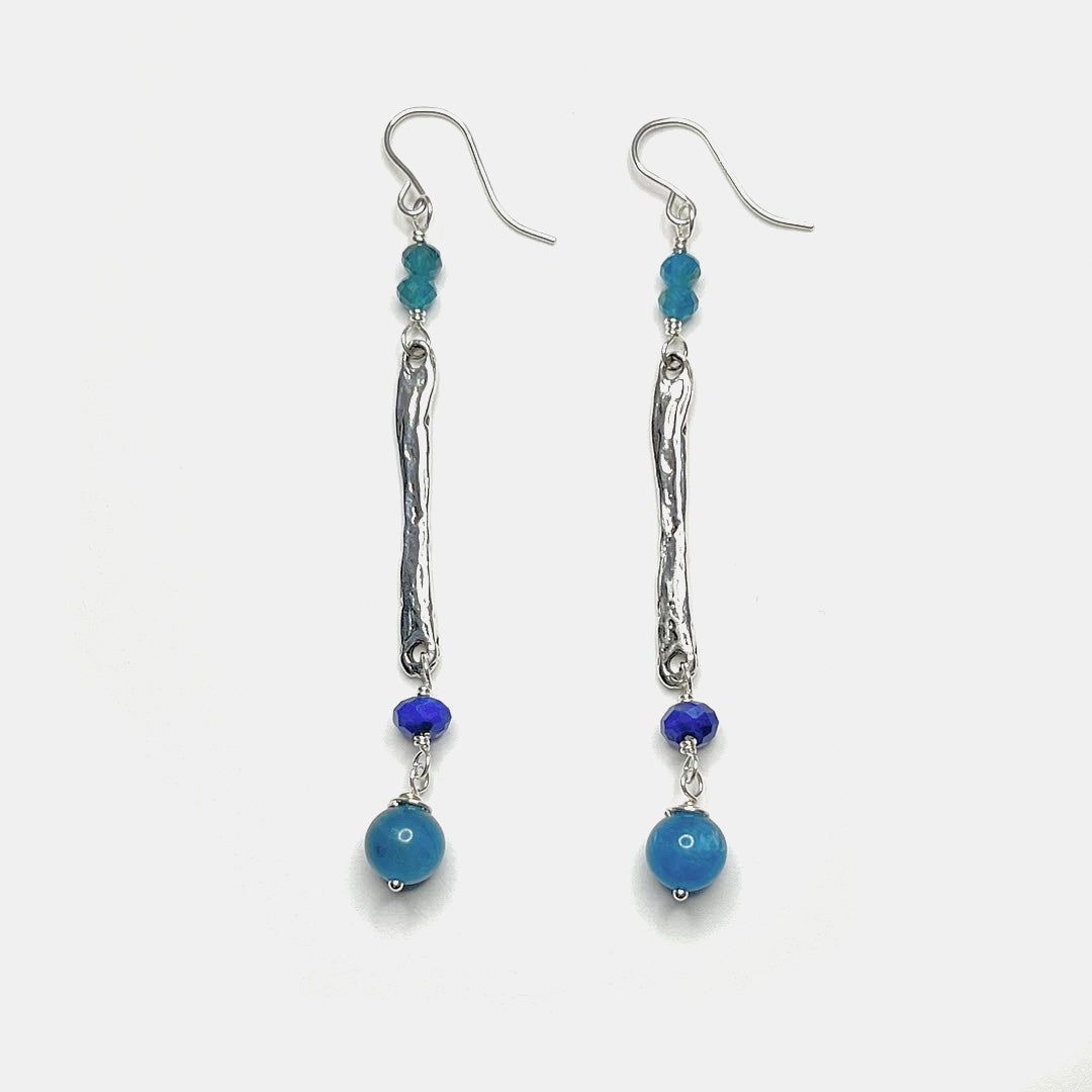 Apatite and Lapis Long Dangle Earrings, Sterling