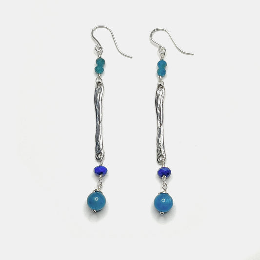 Apatite and Lapis Long Dangle Earrings, Sterling