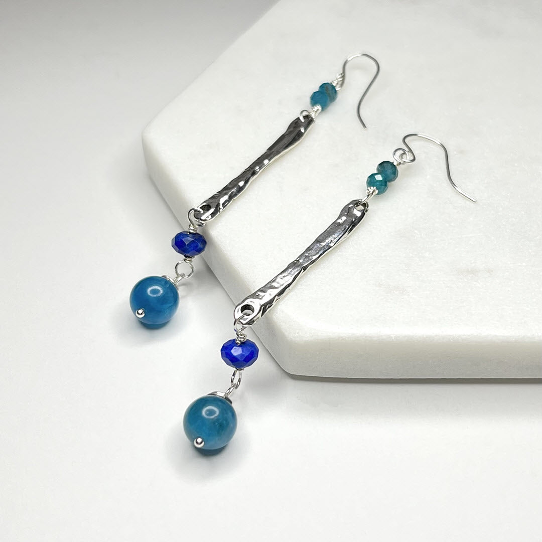 Apatite and Lapis Long Dangle Earrings, Sterling