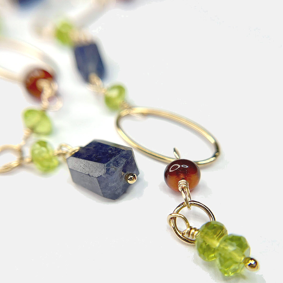 Peridot, Hessonite and Iolite Mismatched Long Party Dangle Earrings, 14K Gold Fill