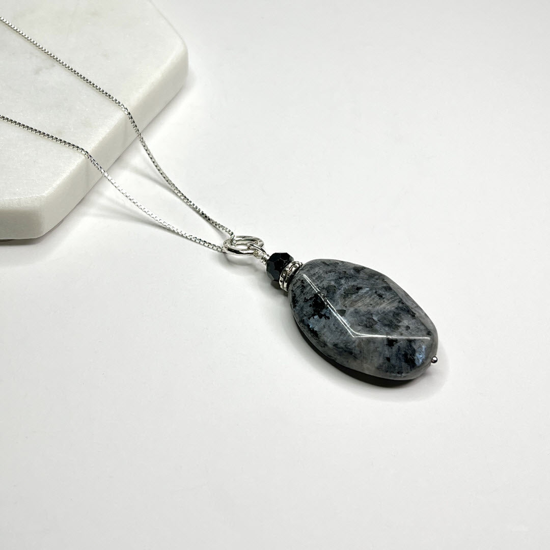 Larvikite Oval Pendant With Black Spinel and Sterling Link