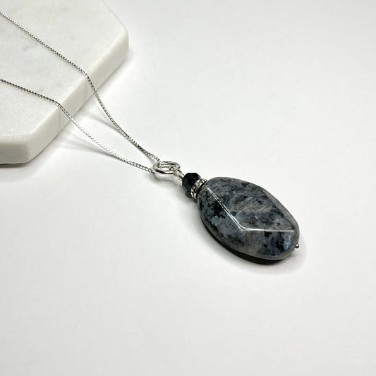 Larvikite Oval Pendant With Black Spinel and Sterling Link