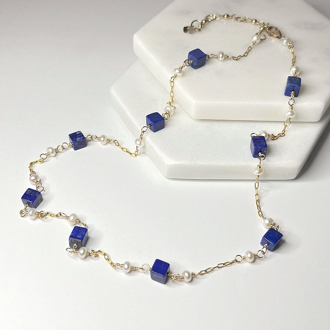 Lapis Cube and Tiny Pearl Station Necklace, 14K Gold Fill