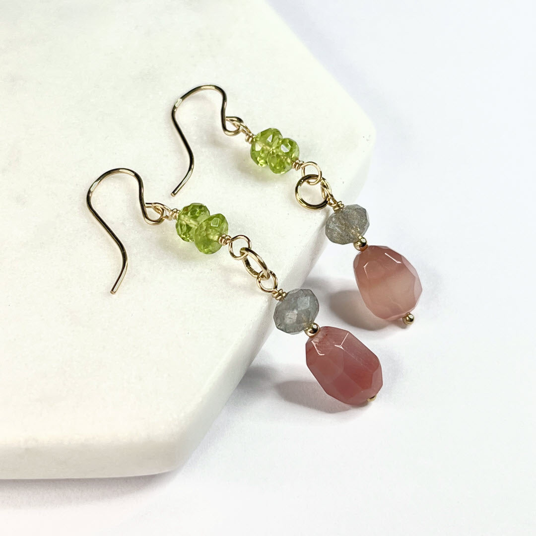 Peridot, Labradorite and Botswana Agate Dangle Earrings, 14K Gold Fill
