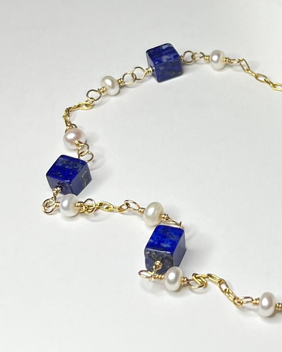 Lapis Cube and Tiny Pearl Station Necklace, 14K Gold Fill