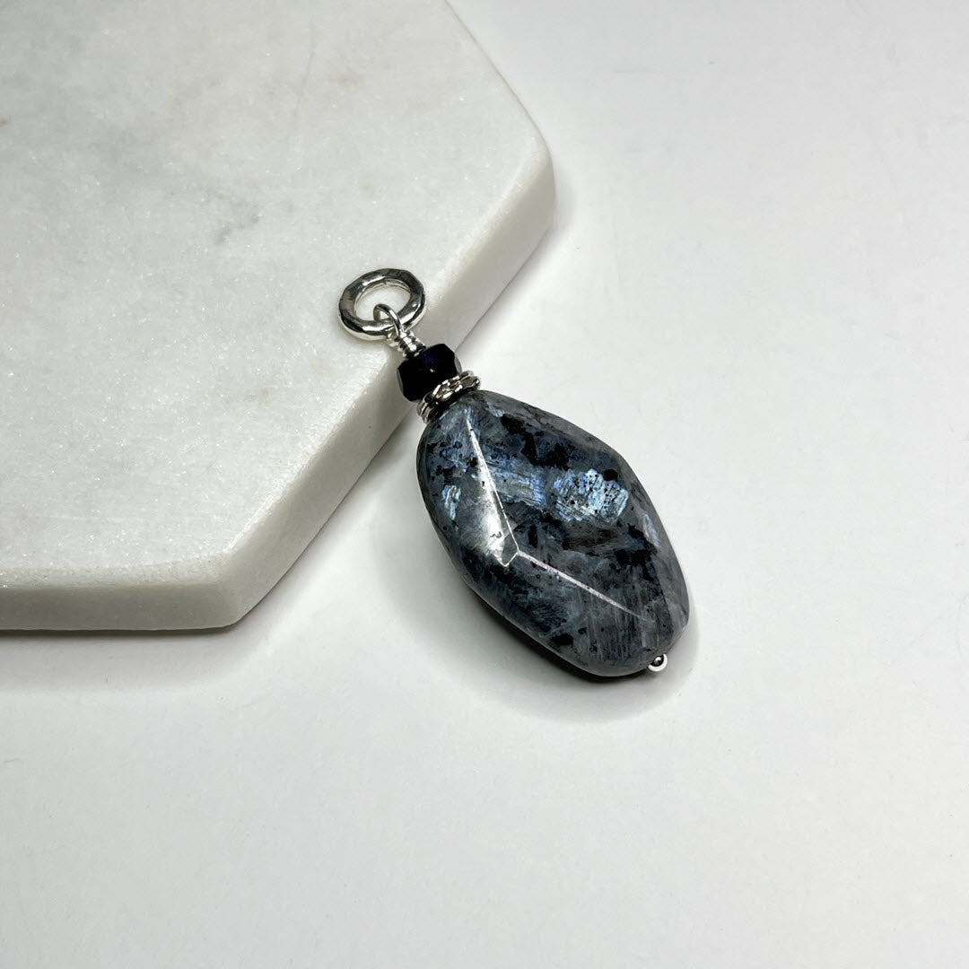 Larvikite Oval Pendant With Black Spinel and Sterling Link
