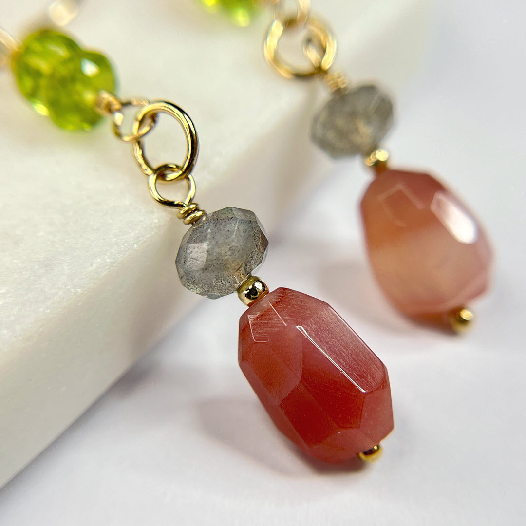 Peridot, Labradorite and Botswana Agate Dangle Earrings, 14K Gold Fill