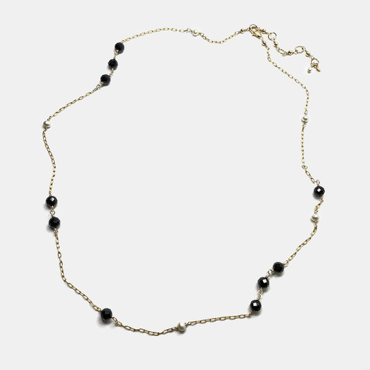 Black Tourmaline and Pearl Asymmetrical Station Necklace, 14K Gold Fill