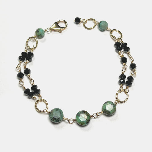 Black Spinel Double Open Row Bracelet With African Turquoise, 14K Gold Fill
