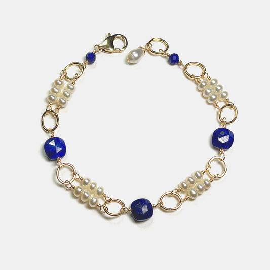 Pearl Double Row Bracelet With Lapis, 14K Gold Fill