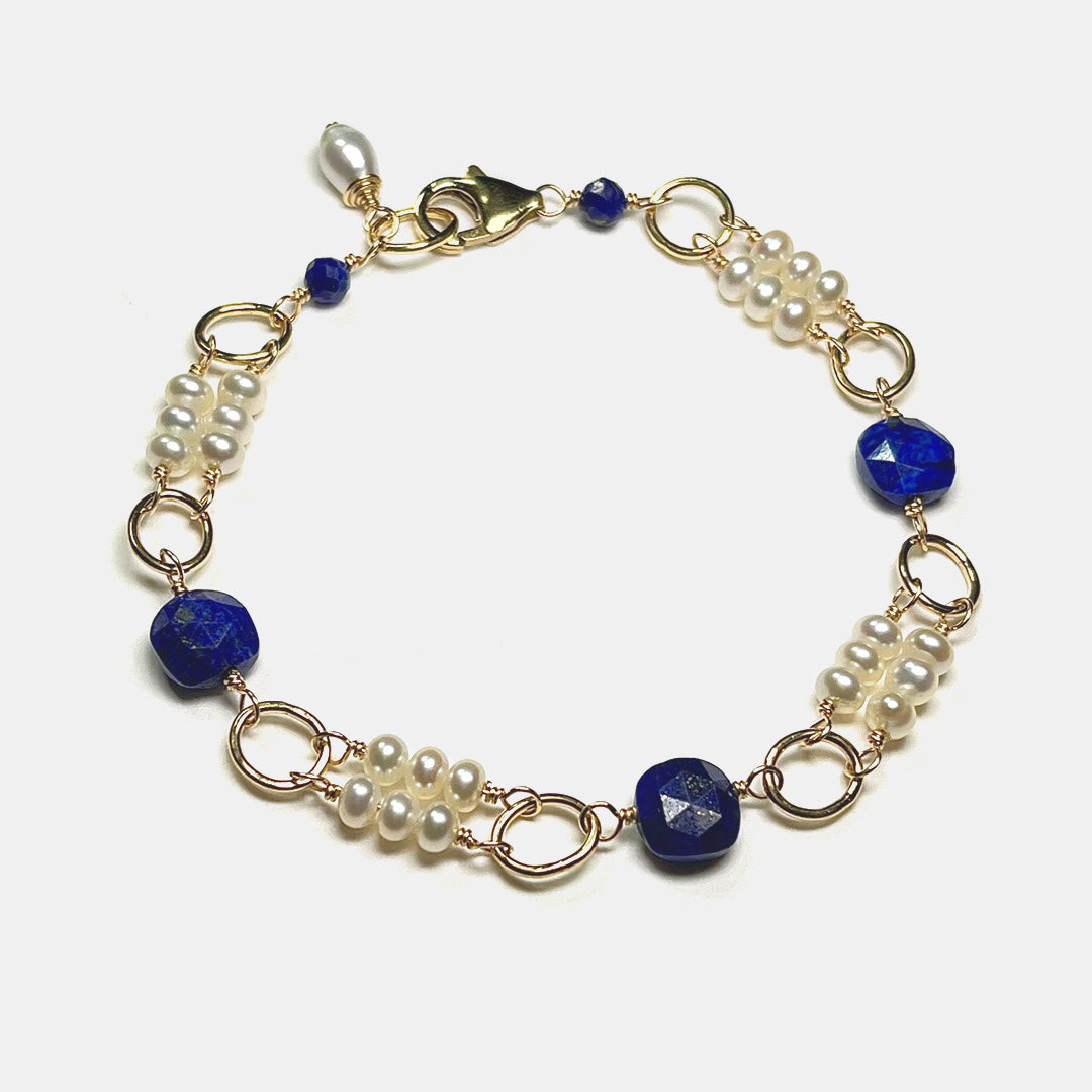 Pearl Double Row Bracelet With Lapis, 14K Gold Fill