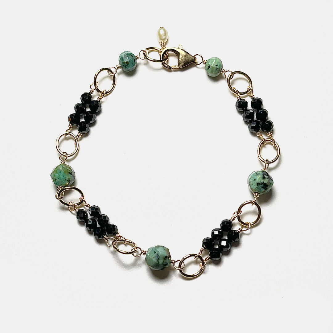 Black Spinel Double Row Bracelet With African Turquoise, 14K Gold Fill
