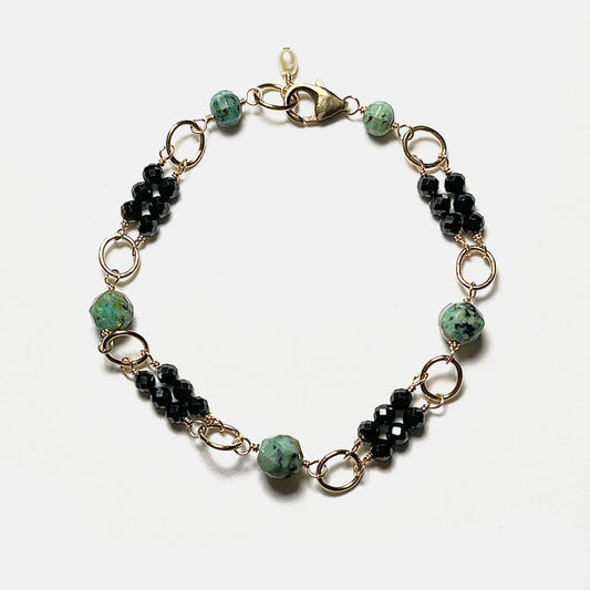 Black Spinel Double Row Bracelet With African Turquoise, 14K Gold Fill