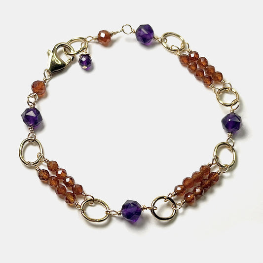 Hessonite Double Row Bracelet With Amethyst, 14K Gold Fill
