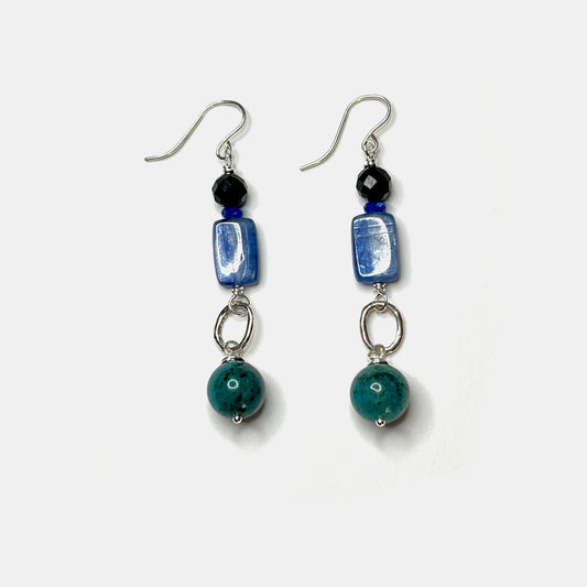 Black Tourmaline, Kyanite and Chrysocolla Long Dangles, Sterling
