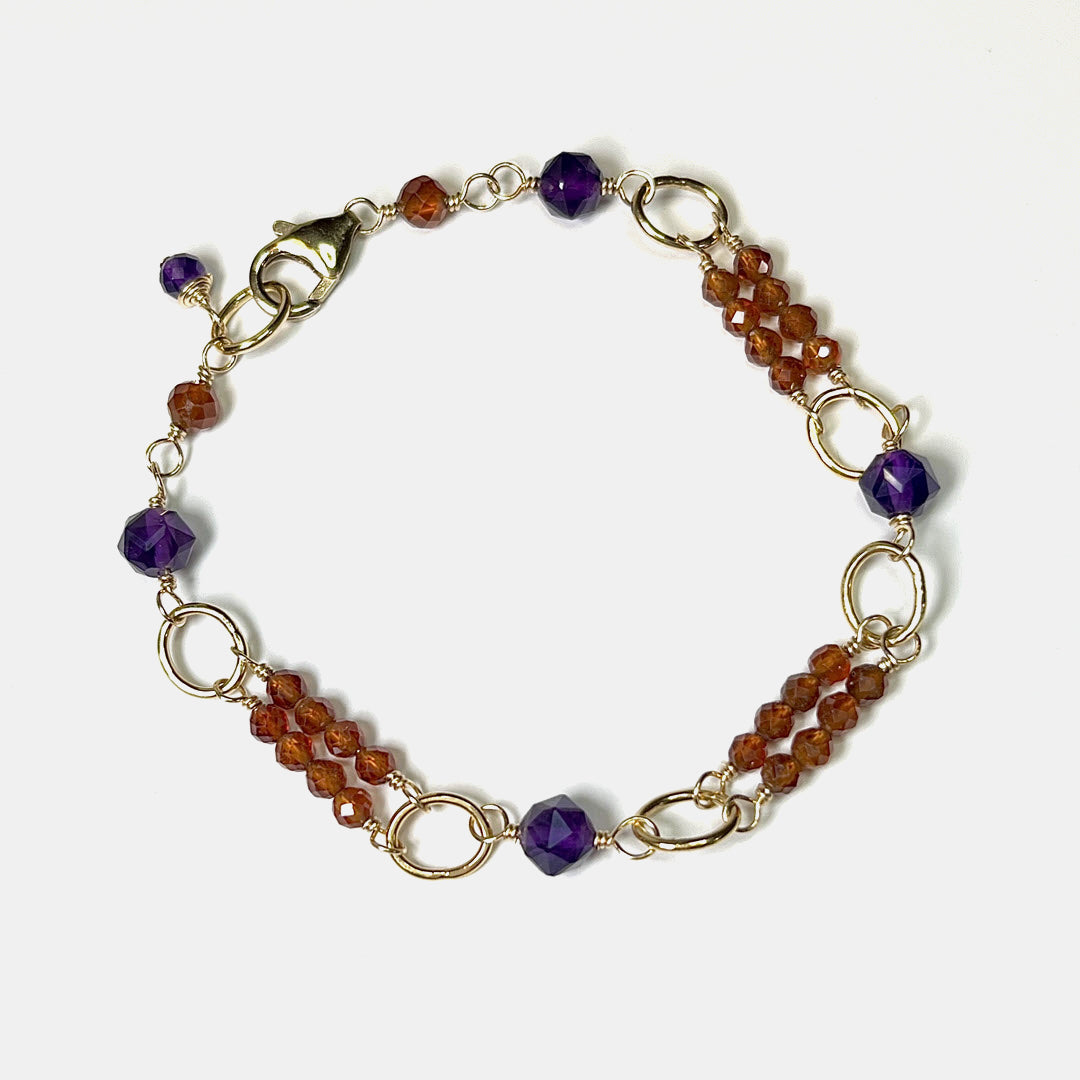 Hessonite Double Row Bracelet With Amethyst, 14K Gold Fill