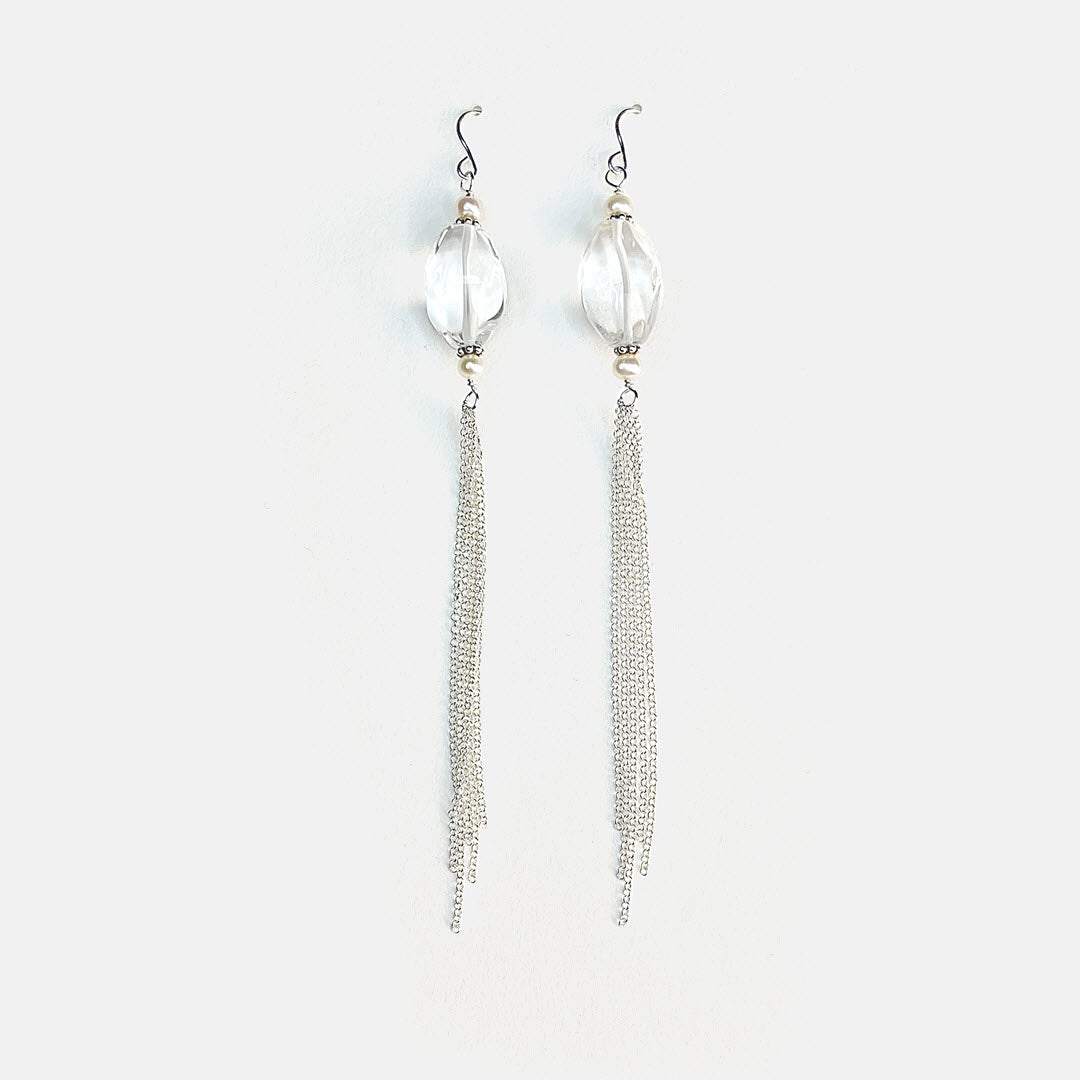 Clear Crystal Quartz Long Tassel Party Dangles, Sterling