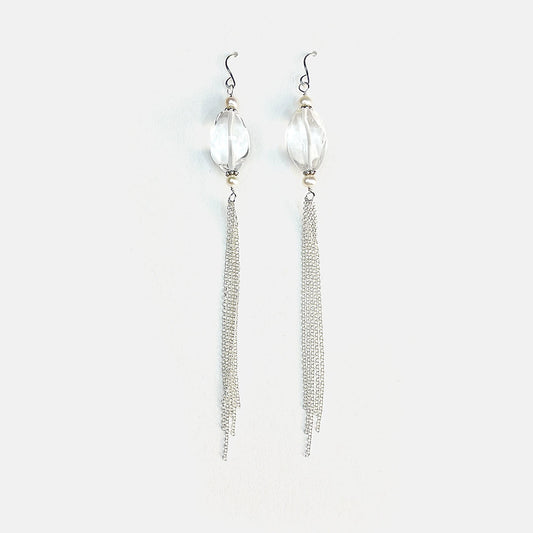 Clear Crystal Quartz Long Tassel Party Dangles, Sterling