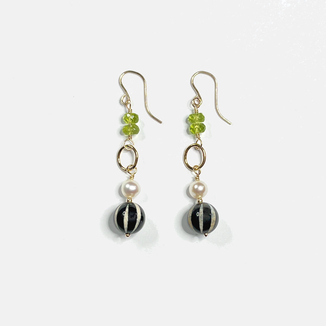 Peridot, Pearl and Striped Agate Link Earrings, 14K Gold Fill