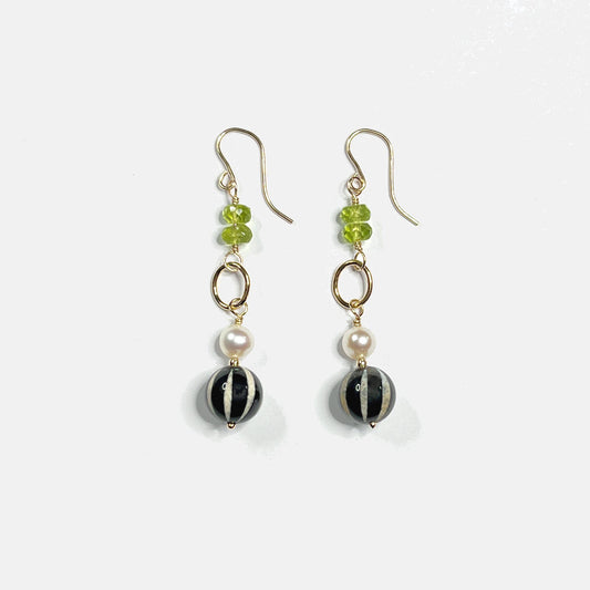 Peridot, Pearl and Striped Agate Link Earrings, 14K Gold Fill