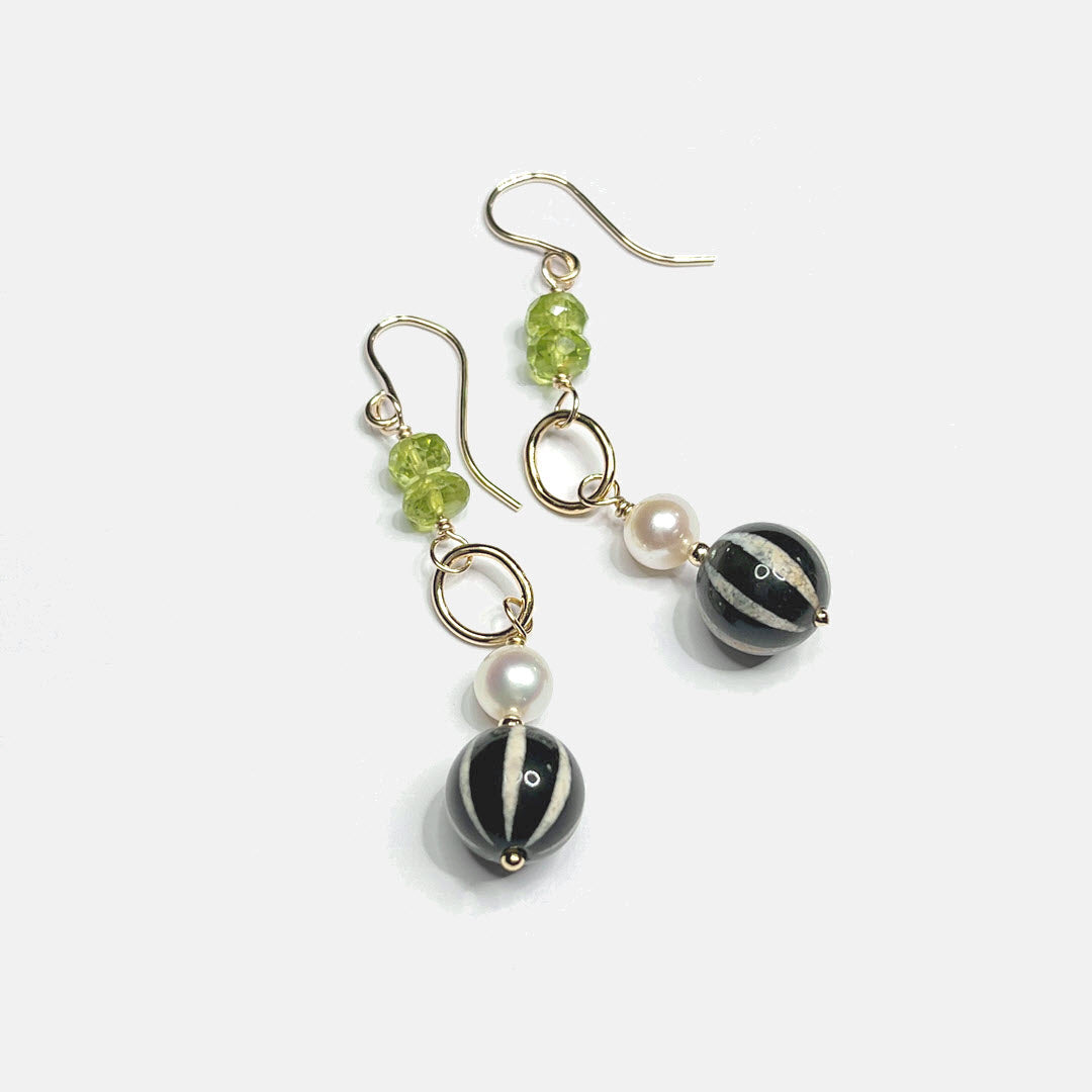 Peridot, Pearl and Striped Agate Link Earrings, 14K Gold Fill
