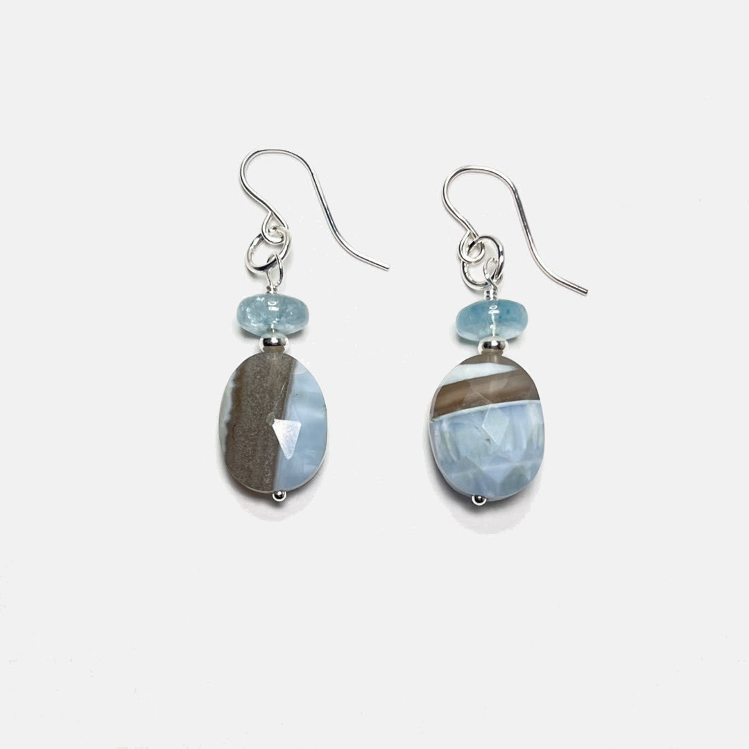 Banded Blue Opal Oval Drop Earrings, Sterling