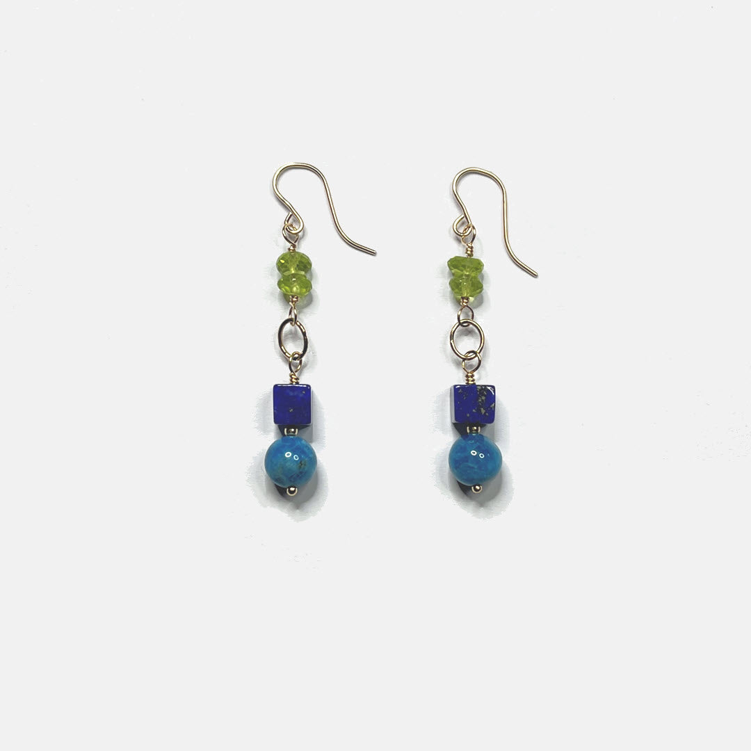 Peridot, Lapis and Neon Apatite Dangle Earrings, 14K Gold Fill