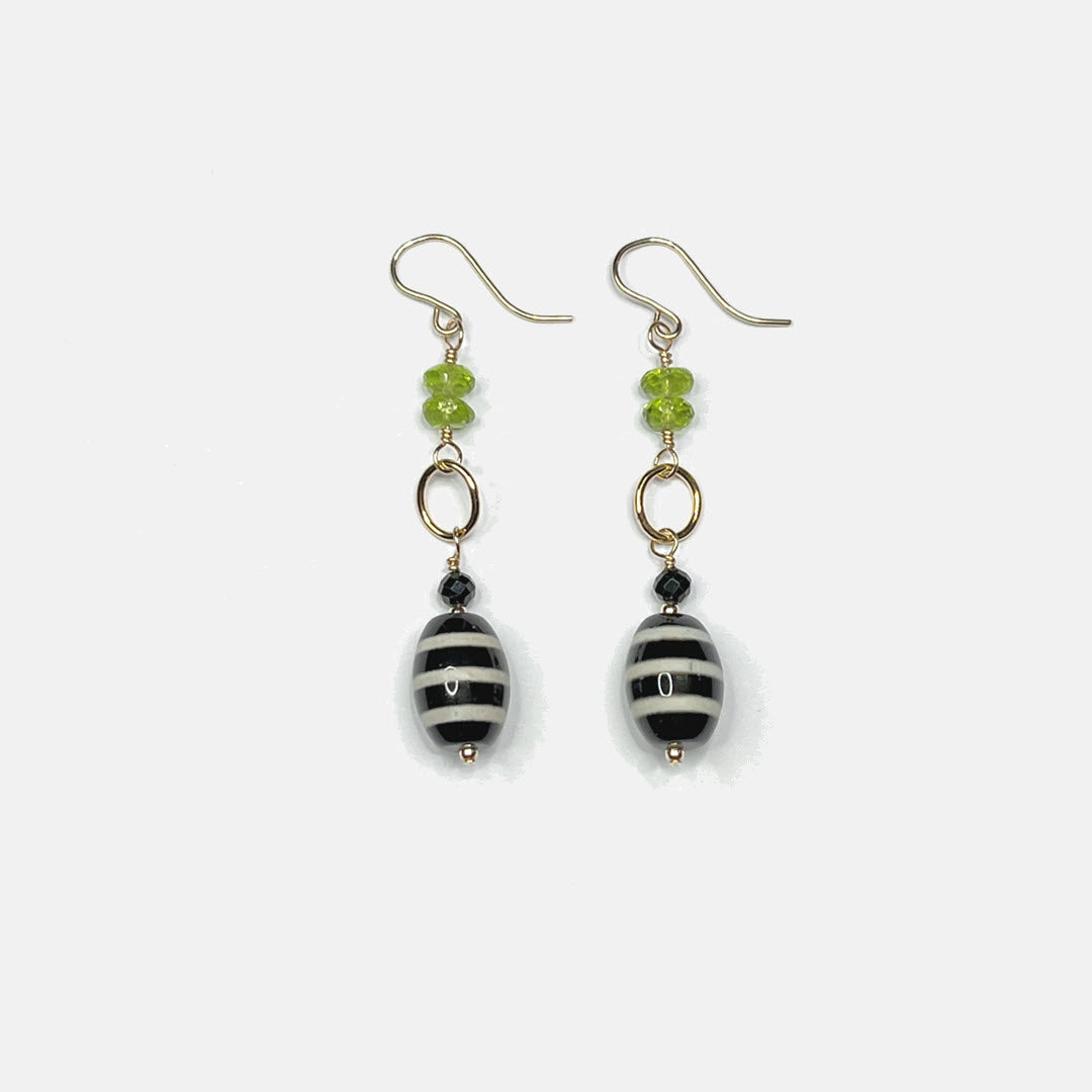 Peridot, Black Spinel and Striped Agate Link Earrings, 14K Gold Fill