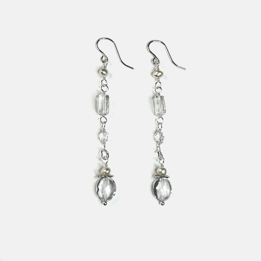 Clear Crystal Quartz Mixed-Shape Long Party Dangles, Sterling