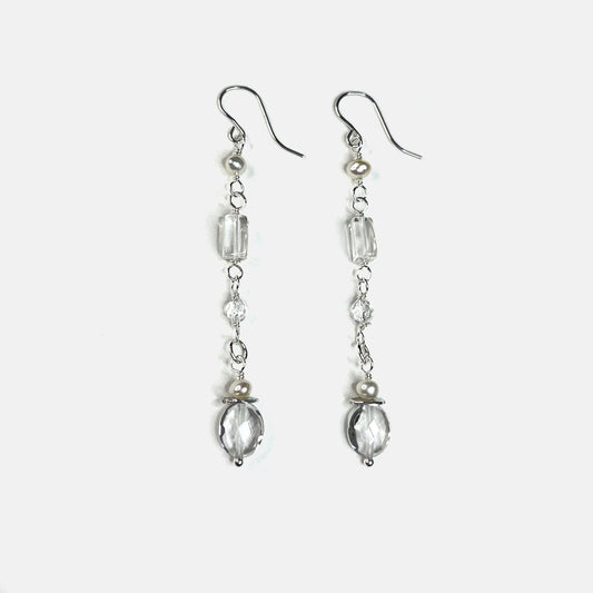 Clear Crystal Quartz Mixed-Shape Long Party Dangles, Sterling