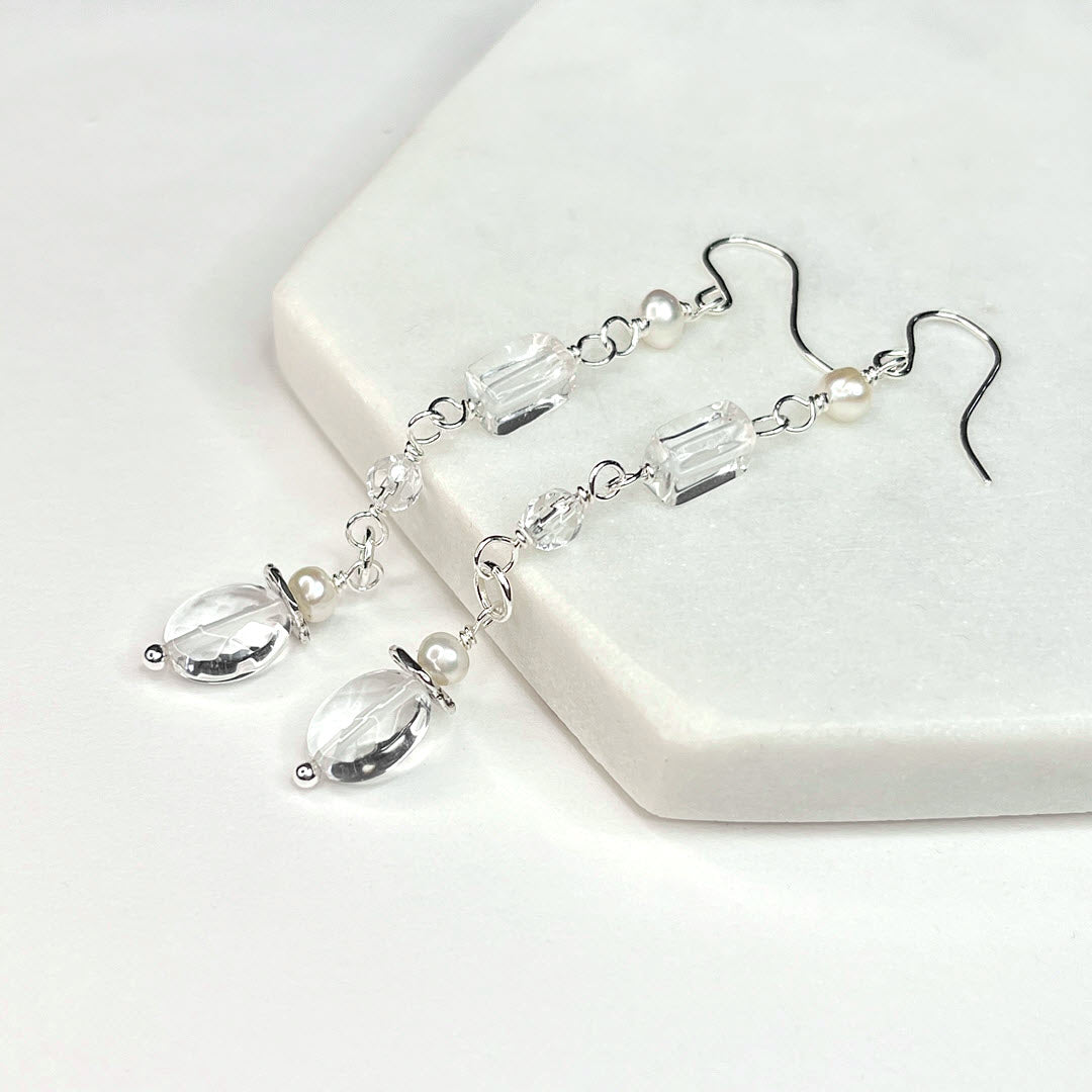 Clear Crystal Quartz Mixed-Shape Long Party Dangles, Sterling