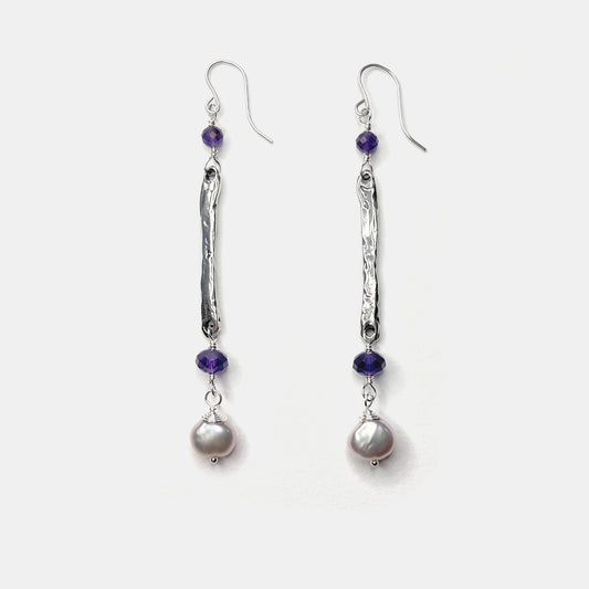 Amethyst and Pink Pearl Long Dangle Earrings, Sterling