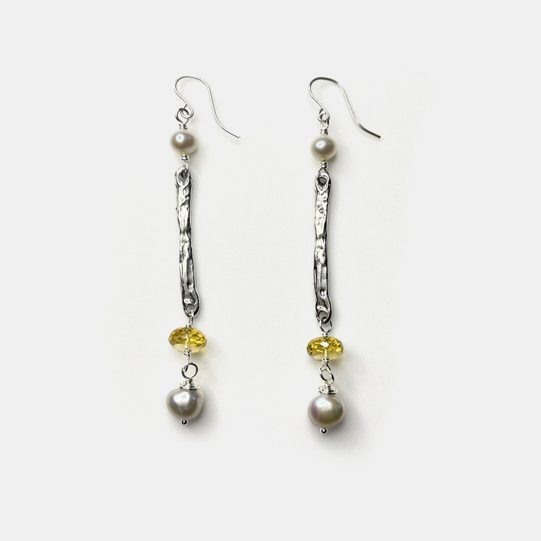 Champagne Quartz and Pearl Long Dangle Earrings, Sterling