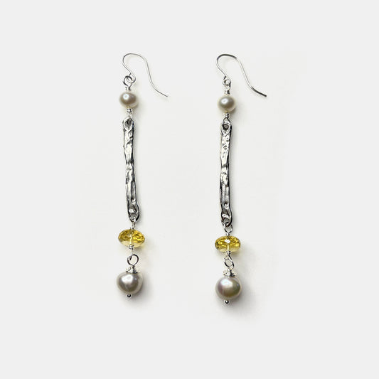 Champagne Quartz and Pearl Long Dangle Earrings, Sterling