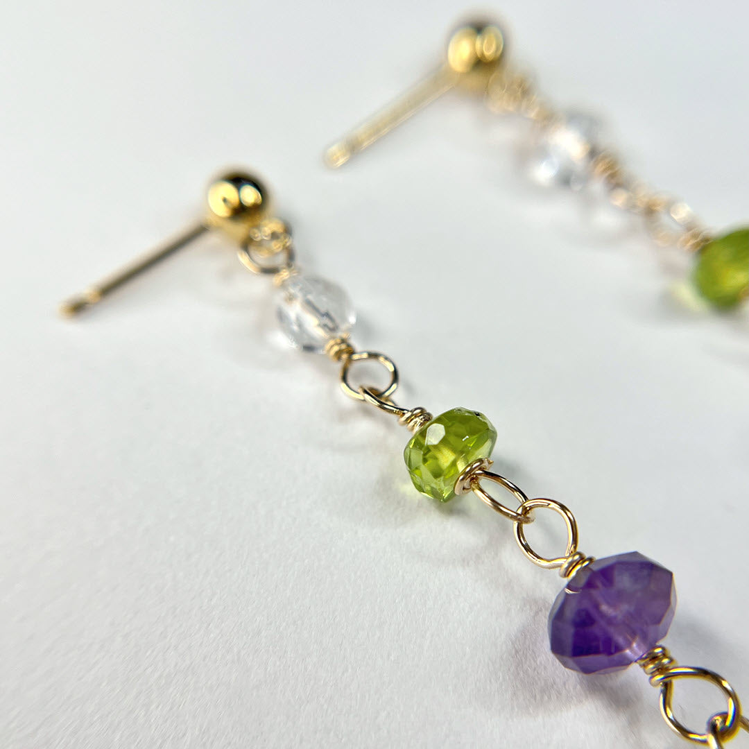 Amethyst, Clear Quartz, Pearl and Peridot Long Earrings, 14K Gold Fill