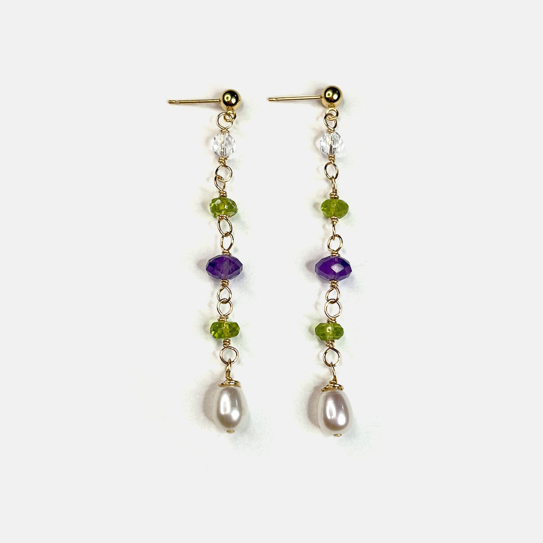 Amethyst, Clear Quartz, Pearl and Peridot Long Earrings, 14K Gold Fill