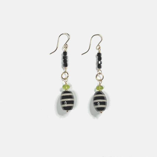 Stacked Black Spinel, Peridot and Striped Agate Earrings, 14K Gold Fill