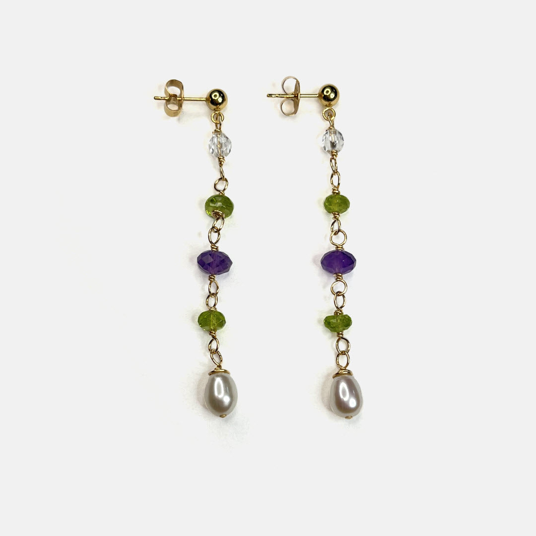 Amethyst, Clear Quartz, Pearl and Peridot Long Earrings, 14K Gold Fill