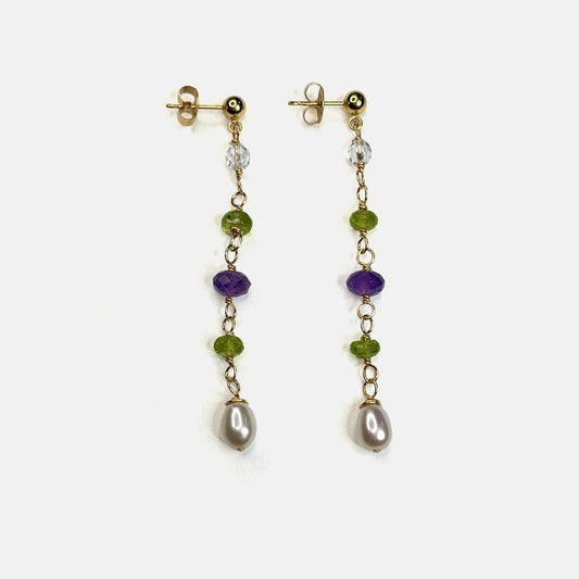 Amethyst, Clear Quartz, Pearl and Peridot Long Earrings, 14K Gold Fill